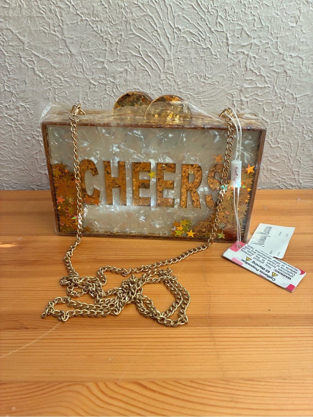 Bari Lynn CHEERS gold glitter stars box purse